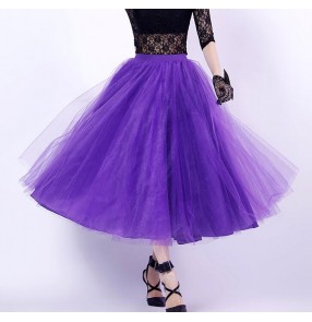 Red black purple violet yellow 4 layers tulle big skirted long length women's ladies female competition professional performance ballroom tango waltz flamenco dance skirts